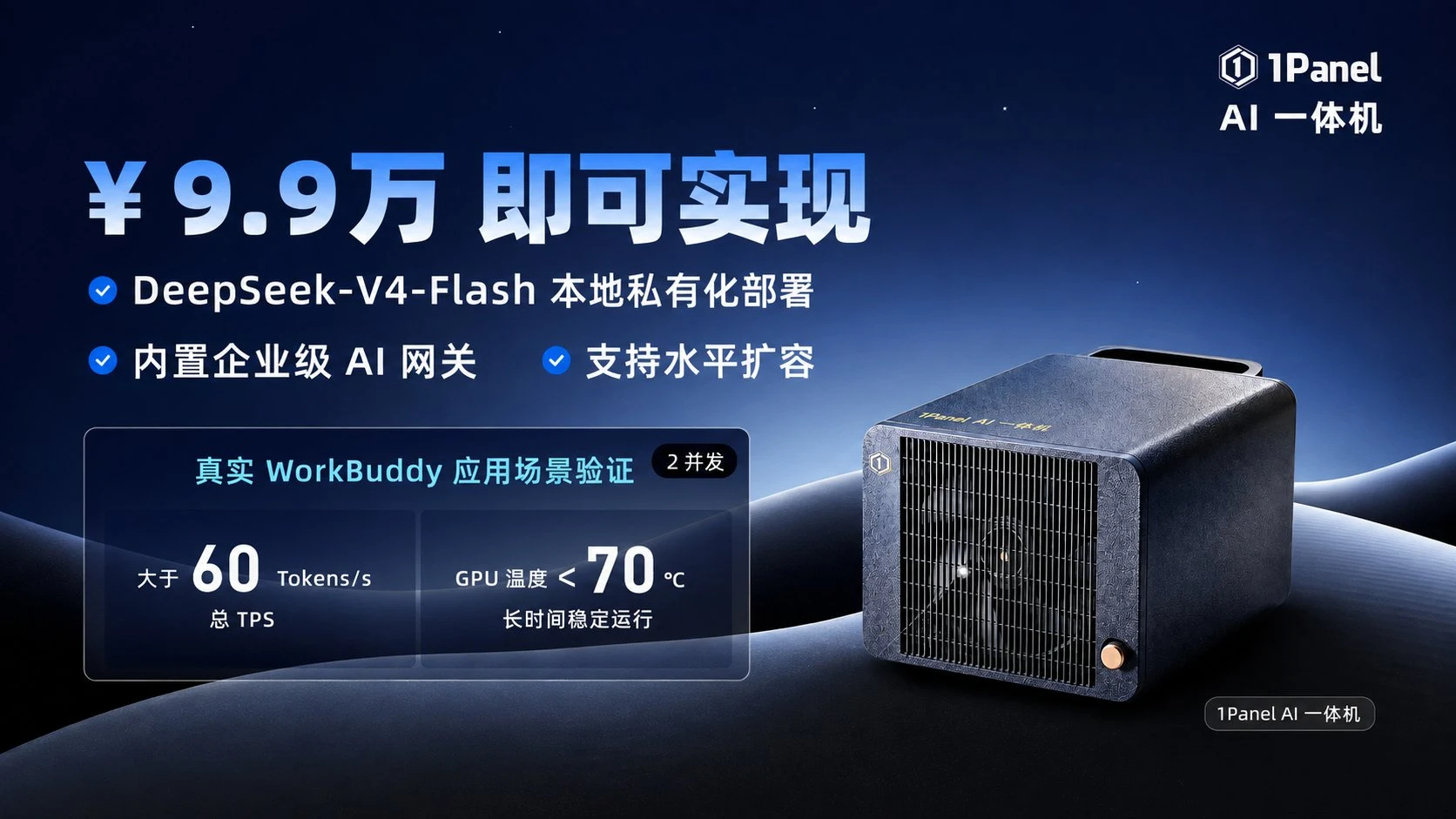 1Panel AI 一体机海报：9.9 万元实现 DeepSeek-V4-Flash 本地私有化部署